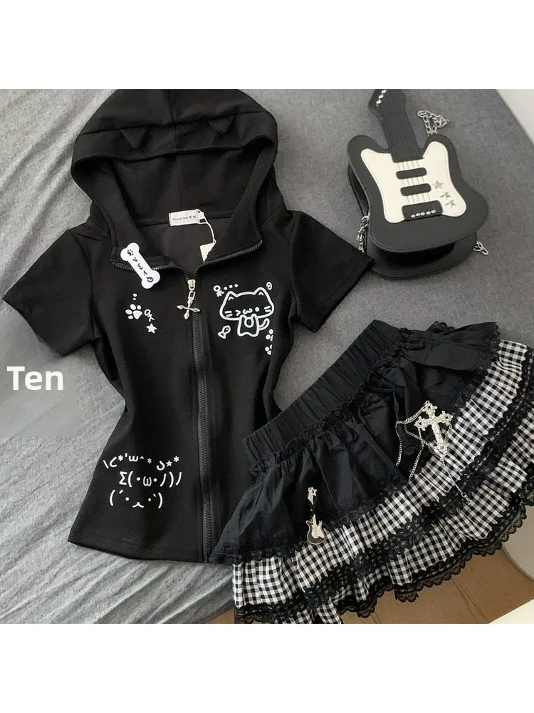 

Dark Lace Hooded Two-Piece Set Women's Spring Plaid Cake Skirt Punk Style Breathable Short Sleeve Zipper Closure Slim Fit