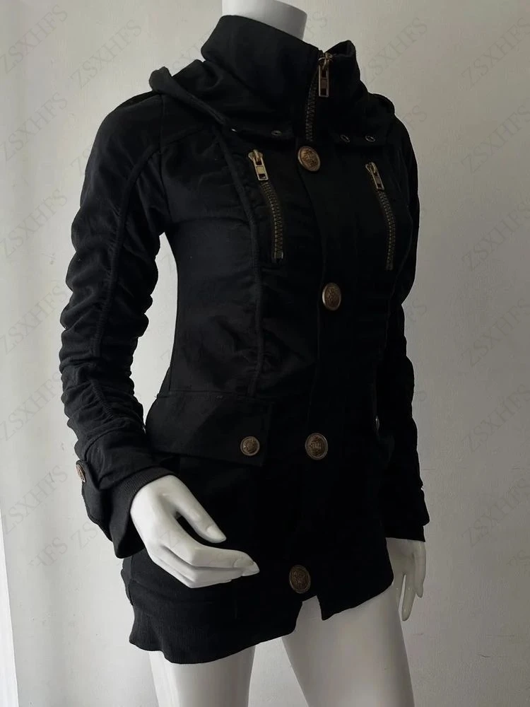 

Harajuku Vintage Safari Coats Women Zipper Sweatshirt Punk Slim Streetwear Cool Girl motorcycle Stand collar Grunge Y2k Jackets