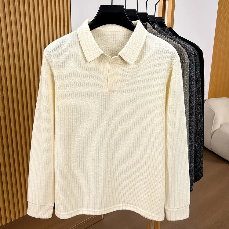 Herren-Polohemd mit Reverskragen, langärmelig, aus strukturiertem, geripptem Stoff, mit halber Knopfleiste, schmal geschnitten, weiches Strickoberteil, für den Alltag, lässige Herrenoberteile – Detail 4