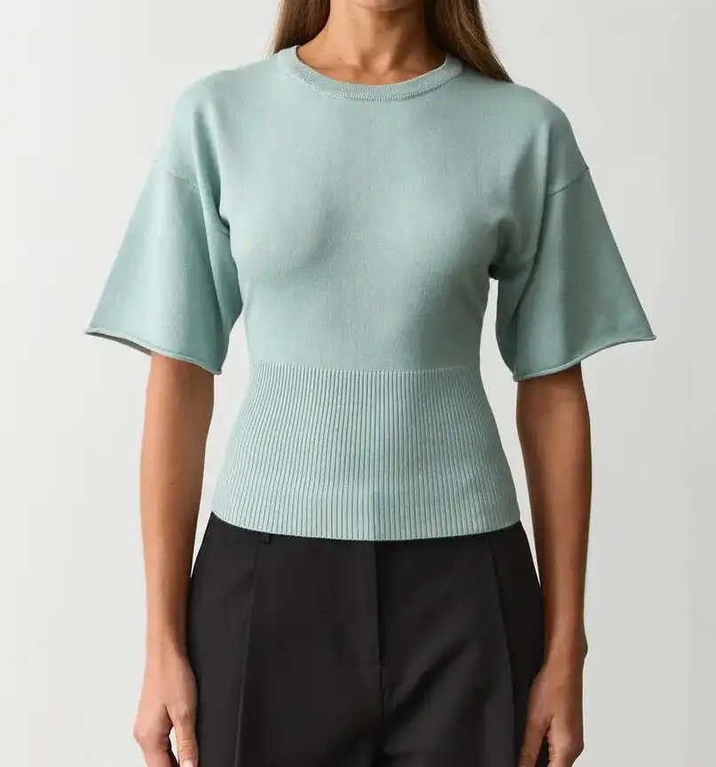 Cinched Waist Knit Ribbed T Shirt for Women Batwing Sleeve Fitted Sweaters Vintage Crewneck Pullover Tops Y2K Streetwear