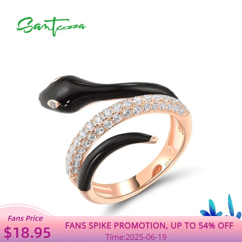

SANTUZZA Real 925 Sterling Silver Rings For Women Sparkling White CZ Enamel Wild Snake Cute Animal Party Gifts Fine Jewelry