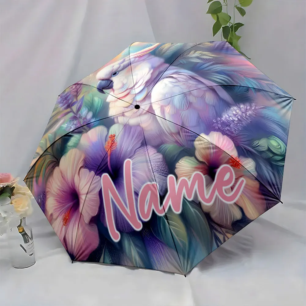 Custom Name Umbrella Colorful Parrot and Flower Art Umbrella Print 8 Iron Ribs Folding Umbrella Auto-Open Fashion Sunshade