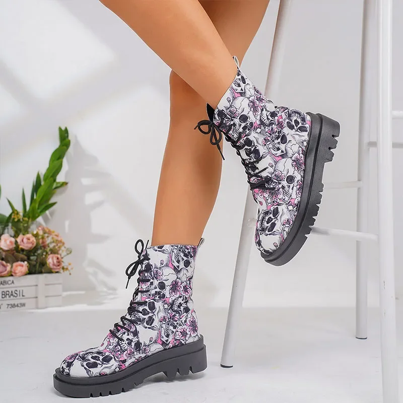 Autumn Women Boots Halloween Print Goth Shoes Fashion Platform Heel Lace-up Riding Boots All Saints' Day Bat Pumpkin Ankle Boots