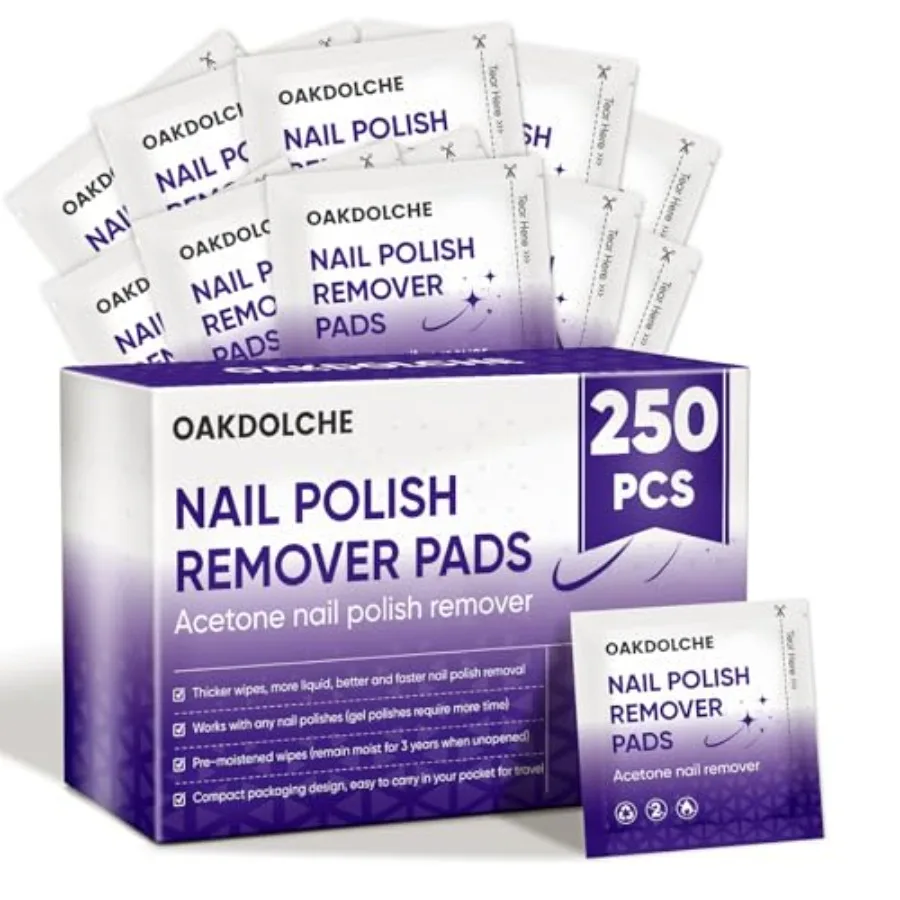 

250 Pack Bulk Acetone Nail Polish Remover Pads, Individually Wrapped and Travel-Friendly, Quick and Effective for Gel and Finge
