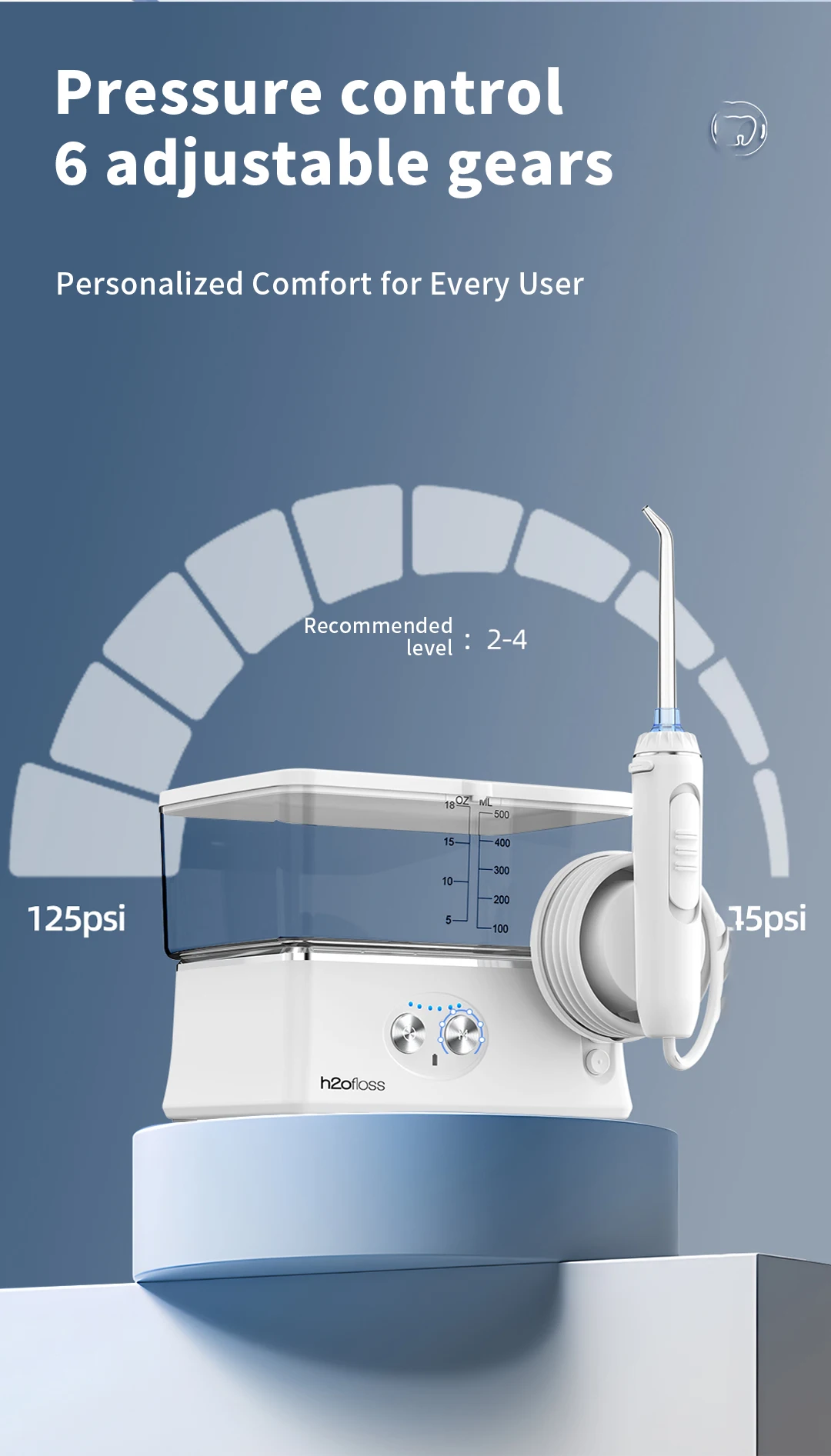 H2ofloss 570ML Wasserflosser Munddusche, 6 Modi 140PSI Hochdruck 2500mAh Tragbarer Tischgerät mit Klappbarem Tank zur Aufbewahrung – Detail 6