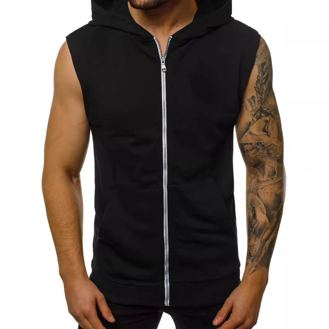 Summer New Fashion Men's Traning Sports Solid Color None Sleeved Hooded Cardigans Trendy Casual Grey Zipper Vests Streetwear