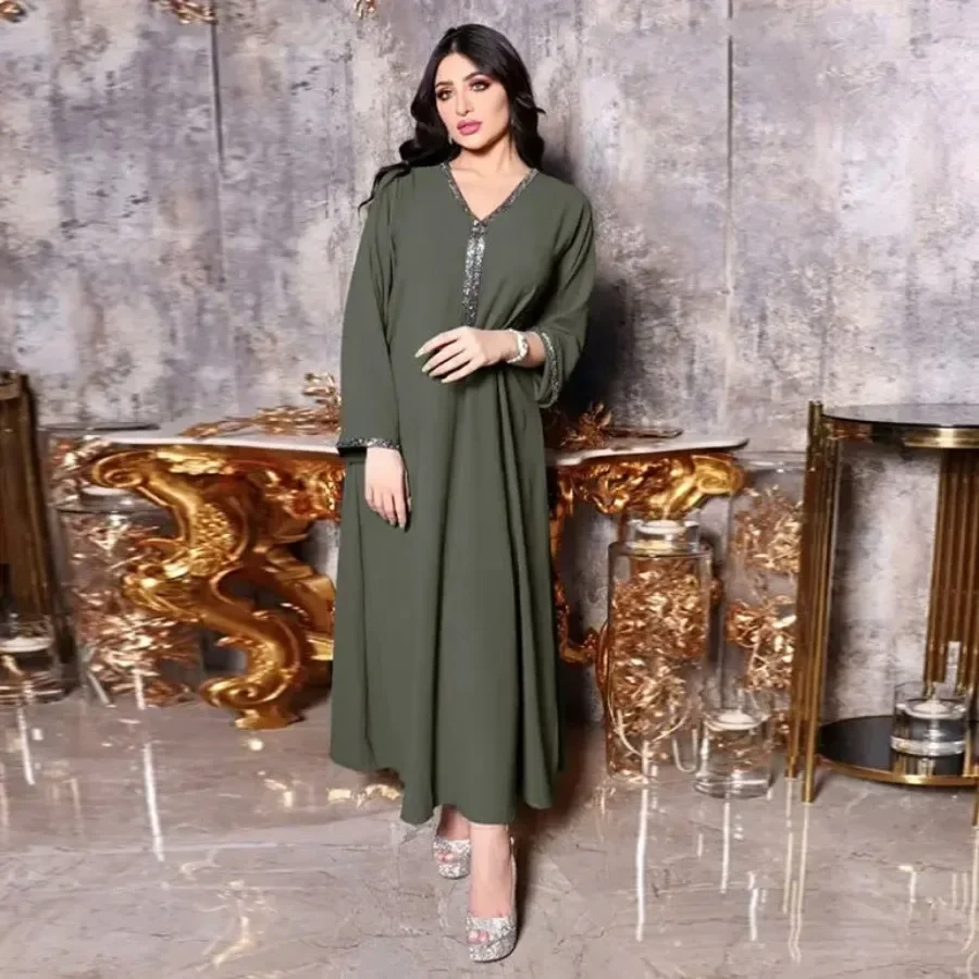 Abayas for Women Summer Elegant Muslim Long Sleeve V-neck Polyester Long Maxi Dress Kaftan Muslim Dress Abaya Dubai Outfits