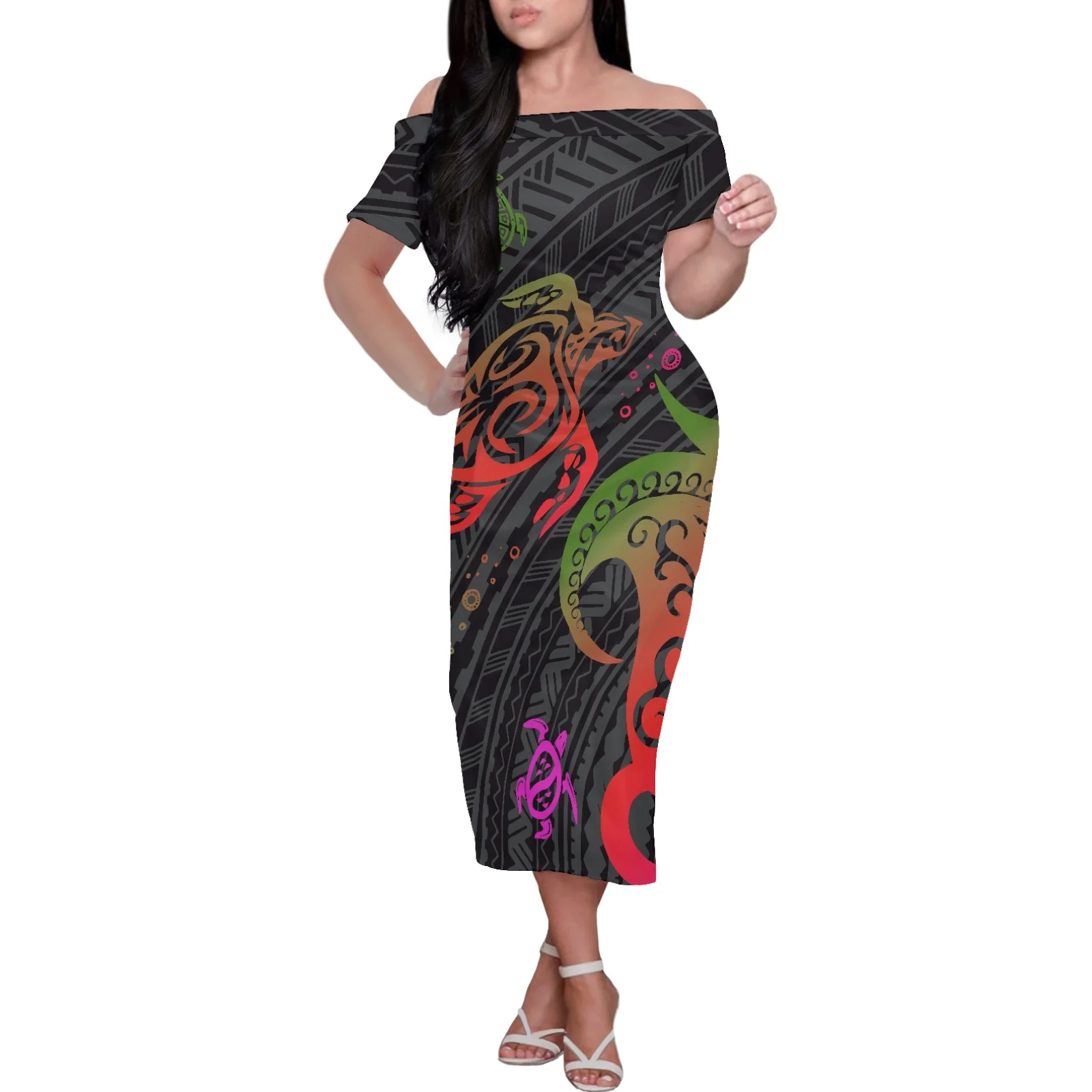 2023 Summer Polynesian Short Sleeve Women Clothing Hawaii Tattoos Sea Turtles Island Wear Midi Dresses Off Shoulder Party Dress