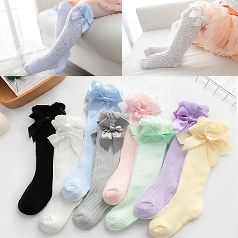3 Pairs White Pink and Blue Baby Hot Sales Summer Hose Tube Bow Anti Mosquito Knee Socks