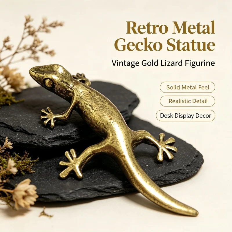 Retro Copper‑Tone Metal Gecko Statue Small Gecko Animal Figurine Home Desktop Decoration Car Interior Decor Craft Ornament