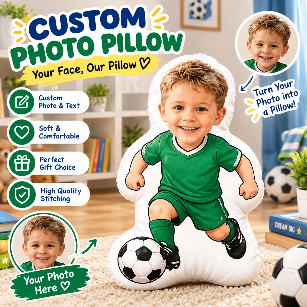 Custom Photo Soccer Kids Pillow Double Sided Print 60cm Green T-Shirt Design Cushion Sofa Bedroom Home Decor Xmas Birthday Gift