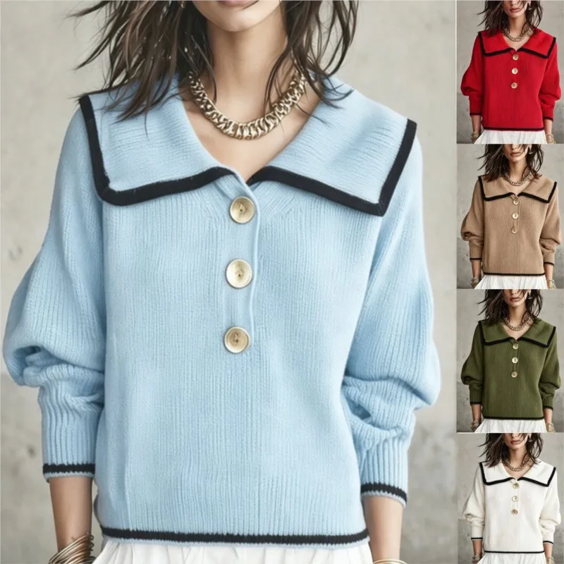 Autumn Retro Grey Lapel Button Bubble Sleeve Pullover Cashmere Sweater Lazy High-grade Daily Wear Soft Loose Knitted Sweater