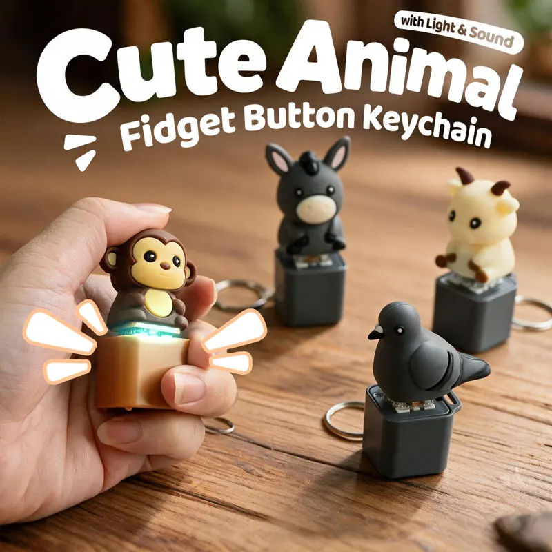 Animal Fidget Button Keychain Press Sound Light Effect Toy 8 Styles Cartoon Stress Relief Sensory Toy Bag Charm Christmas Gift