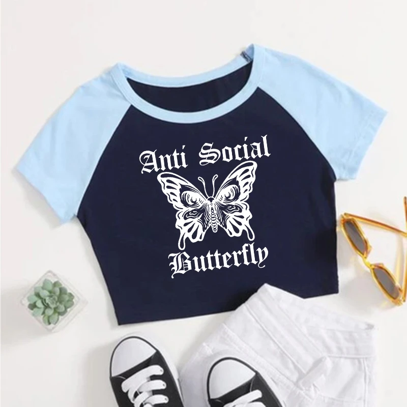 

Women's American Vintage Aesthetic Top Harajuku Streetwear Crop Top Goth Creative Butterfly Pattern Print Tee Women Clothing Y2K