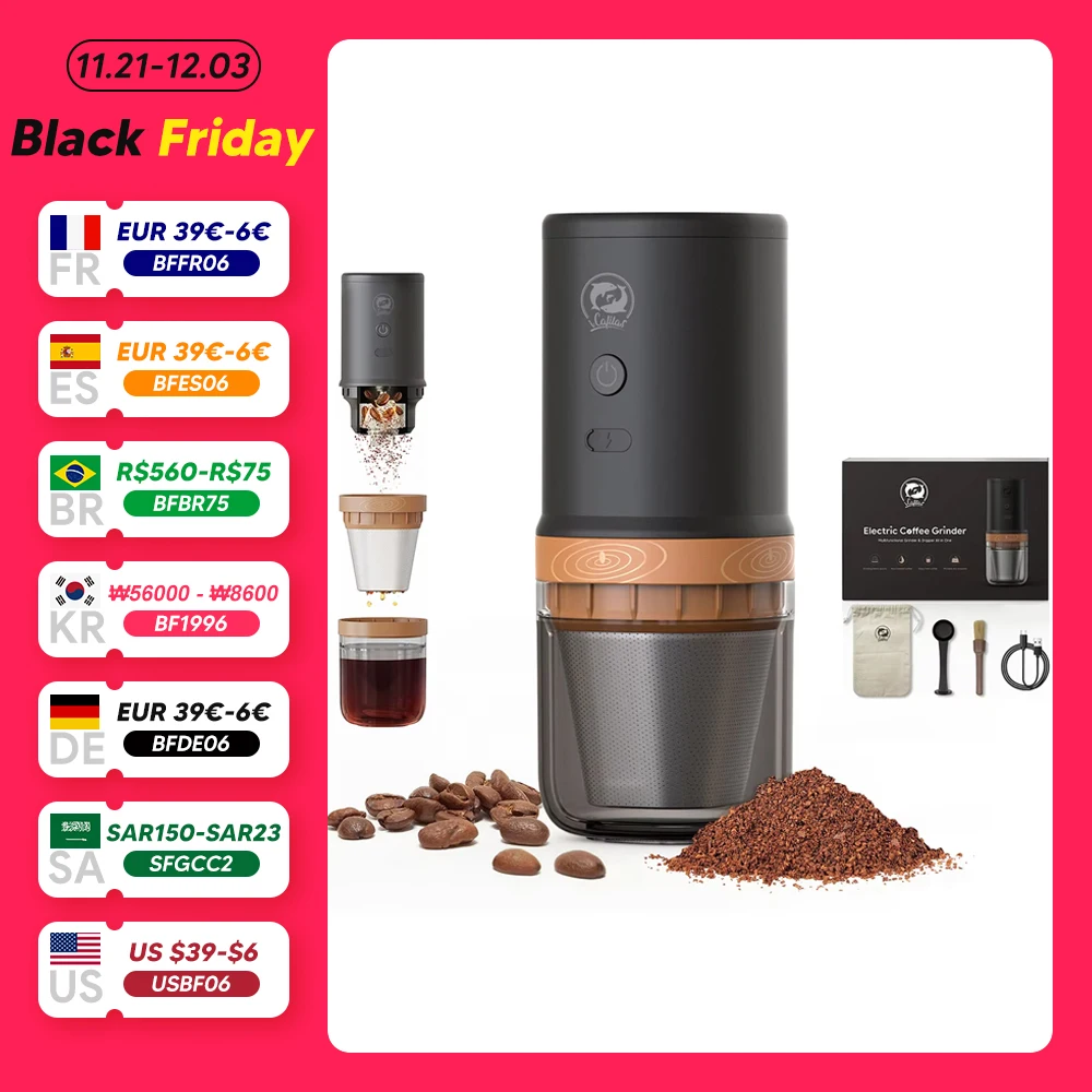 iCafilas Electric Coffee Grinder All in One Portable Coffee Maker & Dripper with TYPE-C Rechargeable Adjustable Thickness Disc