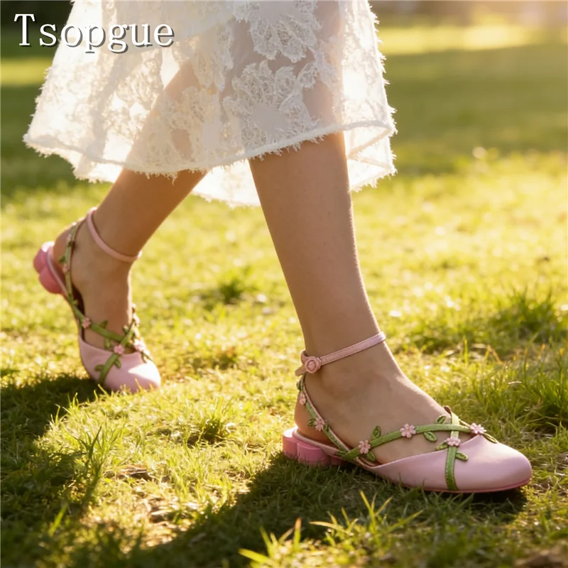 

Spring New Pink Flower Sandals Lolita Style Cute Ankle Strap Ballet Flats Round Toe Thick Heels Mary Jane Shoes