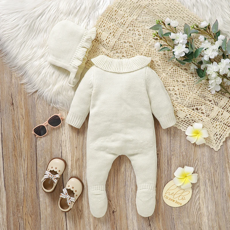 Newborn Baby Romper Knitted Infant Boy Girl Jumpsuit Outfits Long Sleeve Autumn Kid Clothes Hat 2PCS 0-9M Overalls Fashion Solid