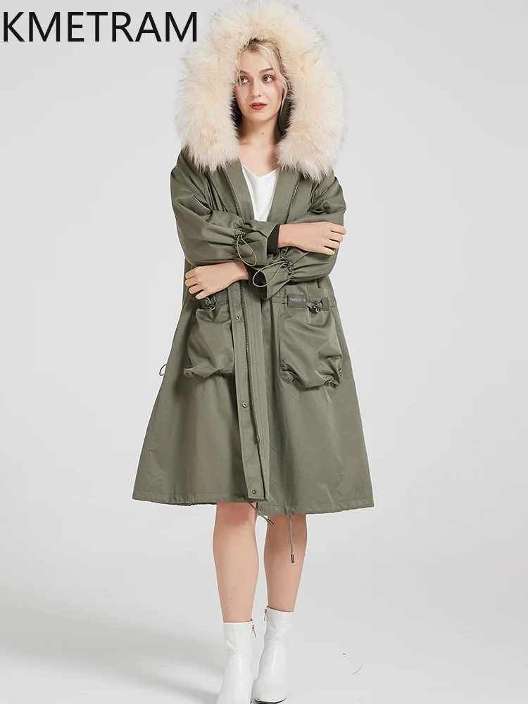 معاطف فرو أرنب ريكس الطبيعية من KMETRAM معاطف نسائية من فرو الكلب ريكون سترة طويلة 2025 ملابس شتوية دافئة بقلنسوة