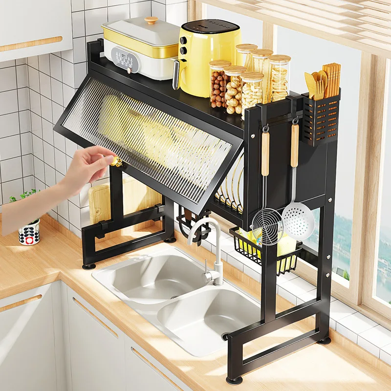 65-105cm carbon steel Expandable Over Sink Dish Drainer Drying Rack with Door Countertop Telescope Dish Storage Rack for Kitchen