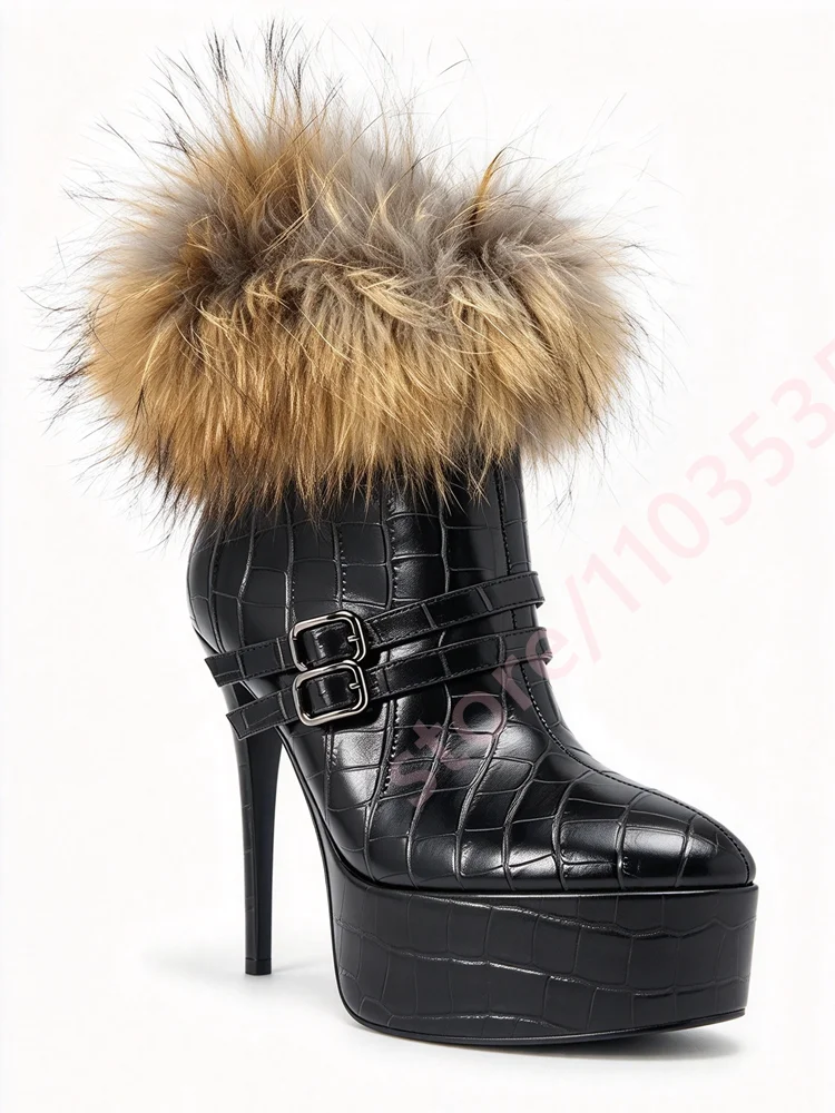 Women Winter Ankle Boots Crocodile Embossed Platform Stiletto Furry Top Double Buckle Punk Style Nightclub Party Dress Footwear
