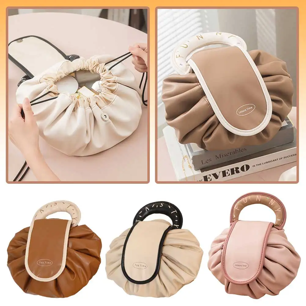 High-end Drawstring Storage Bag 2024 New Waterproof Leather Cosmetic Pouch Women Large Capacity Toiletry Bag PU Travel Organizer