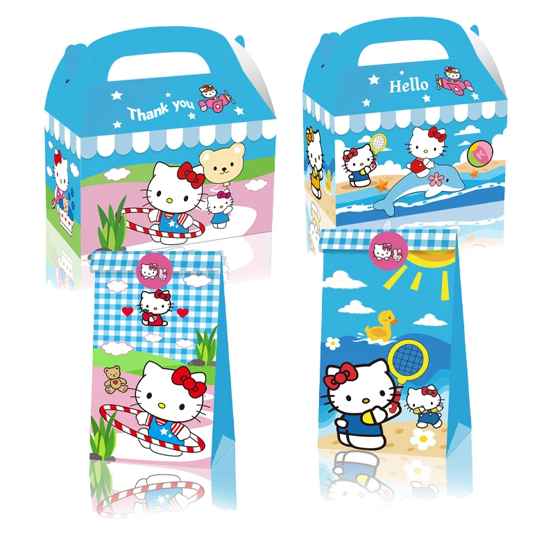 Hello Kitty 12Pcs Carton Candy Gift Box Box Bag Sanrio Kraft Paper Bag Anime Girl Portable Child Party Packaging Box Wholesale