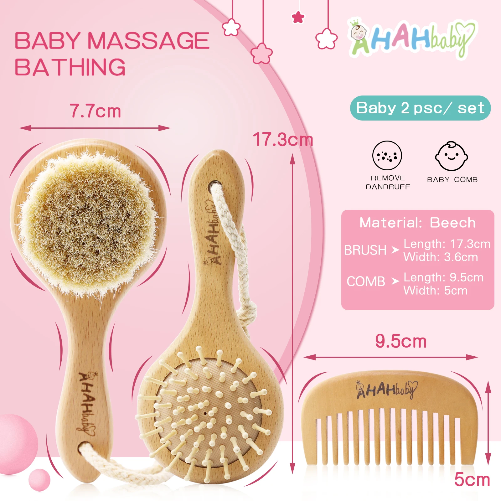 Baby Hair Brush Personalized Logo for Newborn Wooden Comb for Hair Soft Wool Wood Hair Brush and Comb Set for Baby Girls Boys