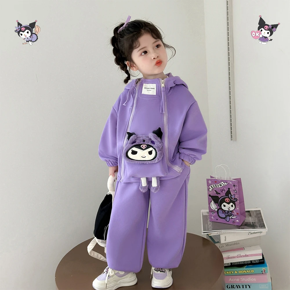

Kawaii Kuromi Children Girl Autumn Double Zipper Cartoon Set Sweet My Melody Anime Sanrio Motion Fashion Casual Cardigan Set
