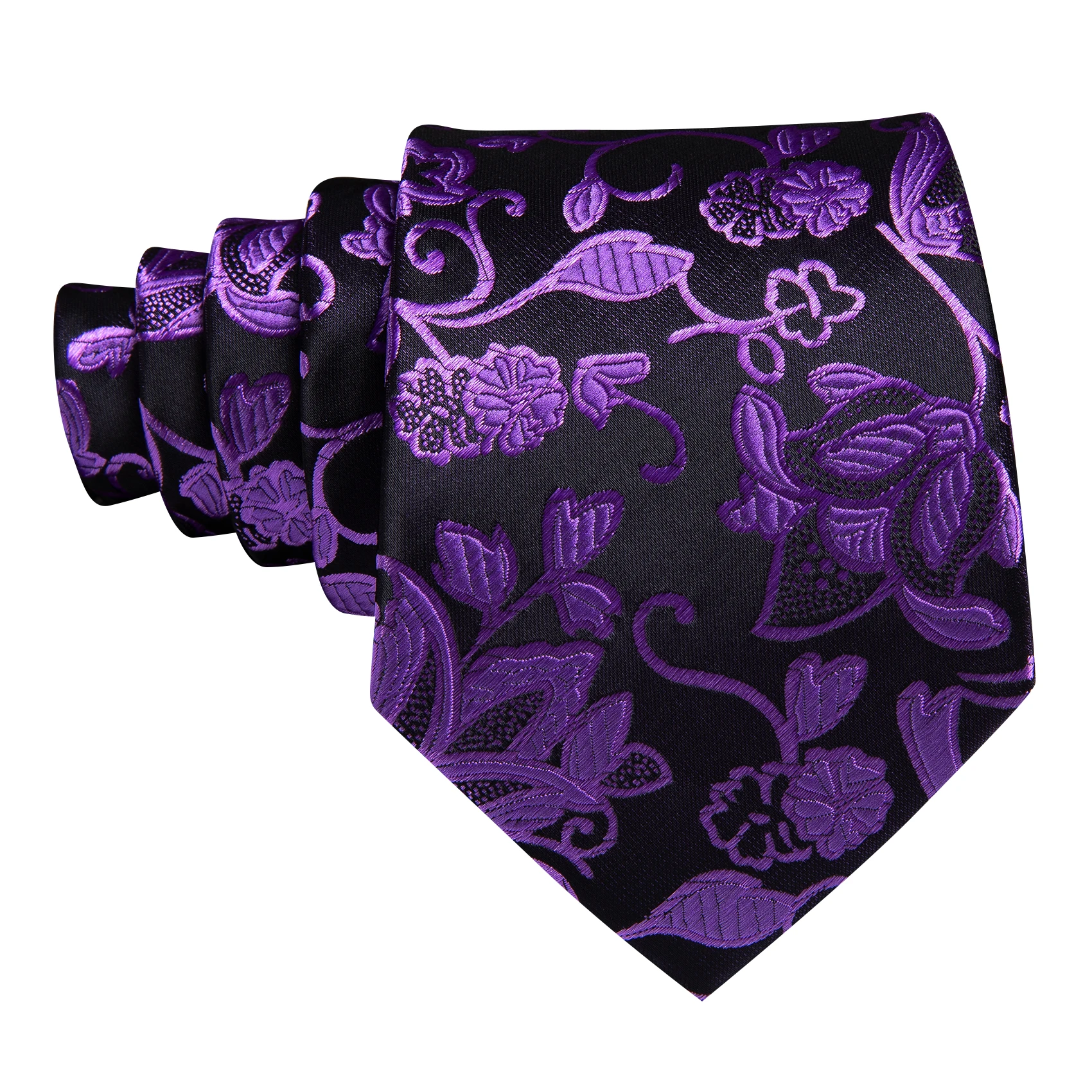 Purple Black Floral Silk Tie For MenWith Pocket Square Cufflink Set New Suit Necktie For Male Formal Designer Party Barry.Wang