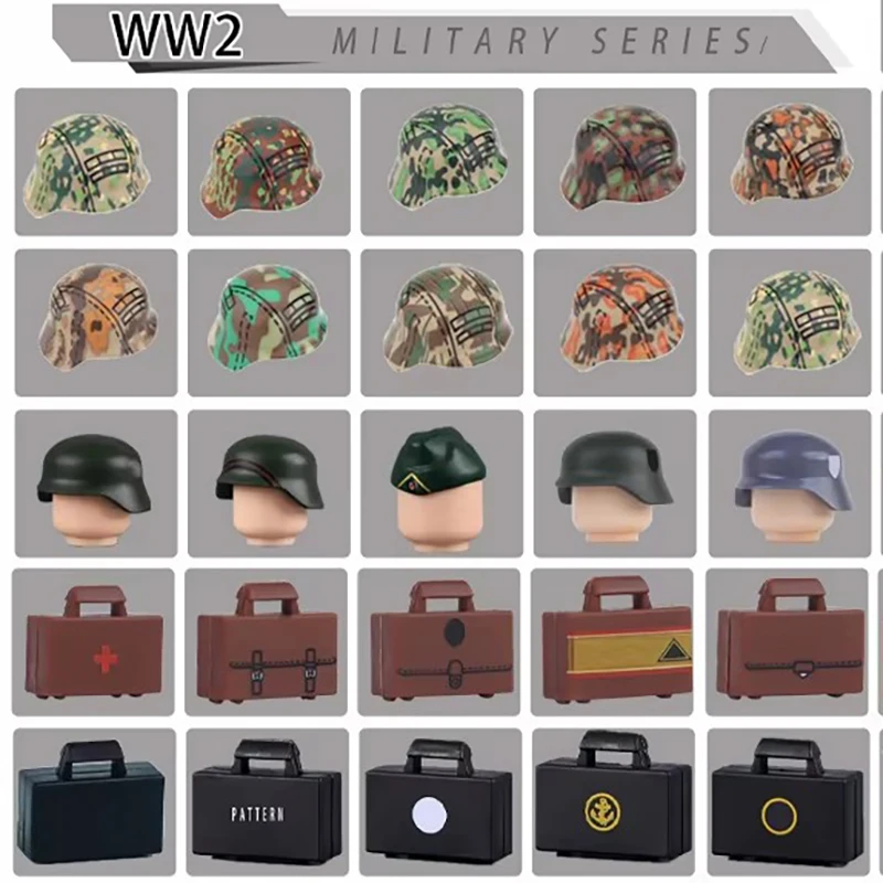 WW2 Militär-Tarnhelm-Serie Bausteine Offiziershut Kopfbedeckung Kappen Krieger Armee Zubehör Bausteine Spielzeug Jungen