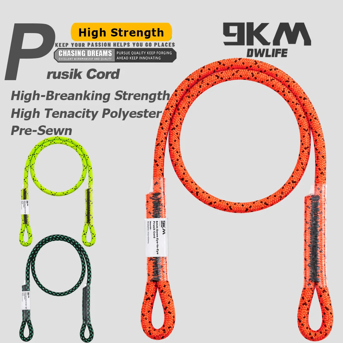 9KM Prusik Cord Eye-to-Eye 1pcs Pre-Sewn Prusik Loop for Climbing Rigging Rescue Mountaineering General Friction Hitch 18-30inch