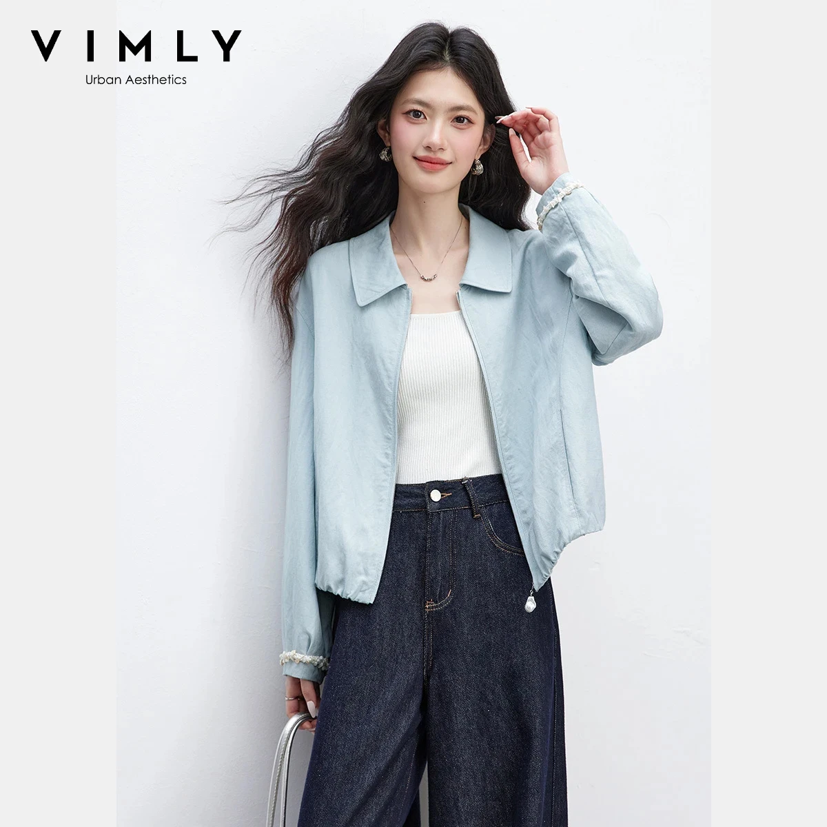 VIMLY Women's Solid Short Jacket 2026 Spring New Patchwork Ribbon Versatile Lapel Zipper Coat Casual Outwear for Ladies A3961