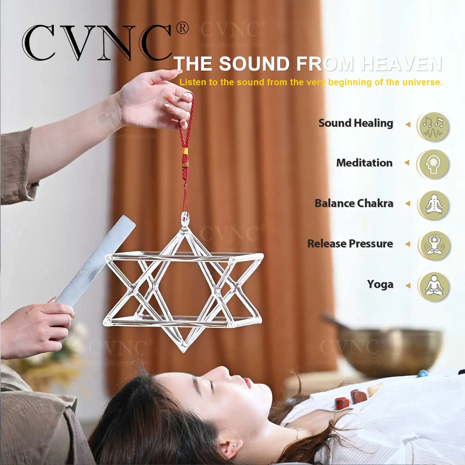 CVNC-Clear Merkaba Crystal Singing Pyramid, Chakra Instrument, Sound Healing, Relaxing Sounds, 8 Inch