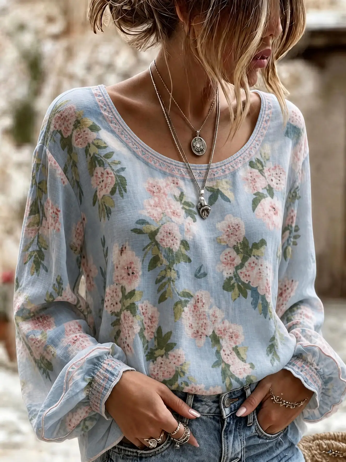 Blusa de talla grande para mujer, estampado floral 3D, manga larga, corte holgado, estilo casual boho.