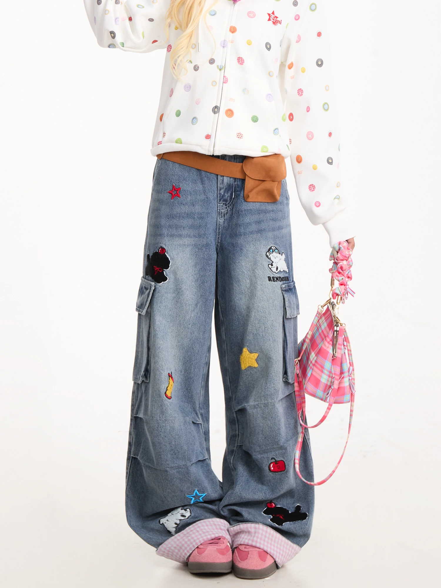 NERESUM Cartoon Embroidered Workwear Denim Pants Women's Retro Plaid Cuffed Straight Leg American Folded Wide Leg Pants