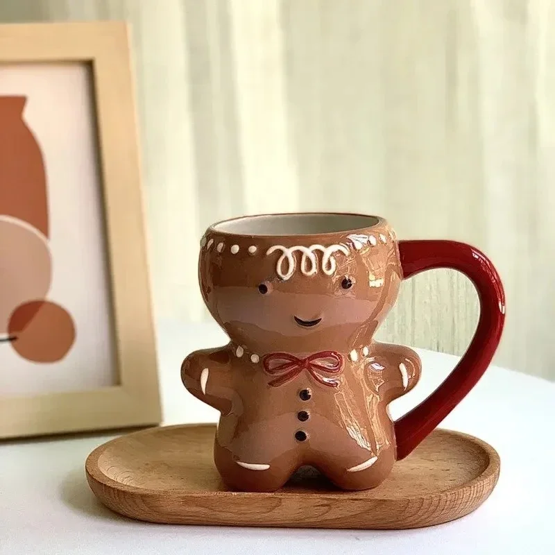 350ml Gingerbread Man Mug Cartoon Cute Kawaii Christmas Mug 3D Gingerbread Man Ceramic Cup Milk Coffee Water Cup Mug Gift
