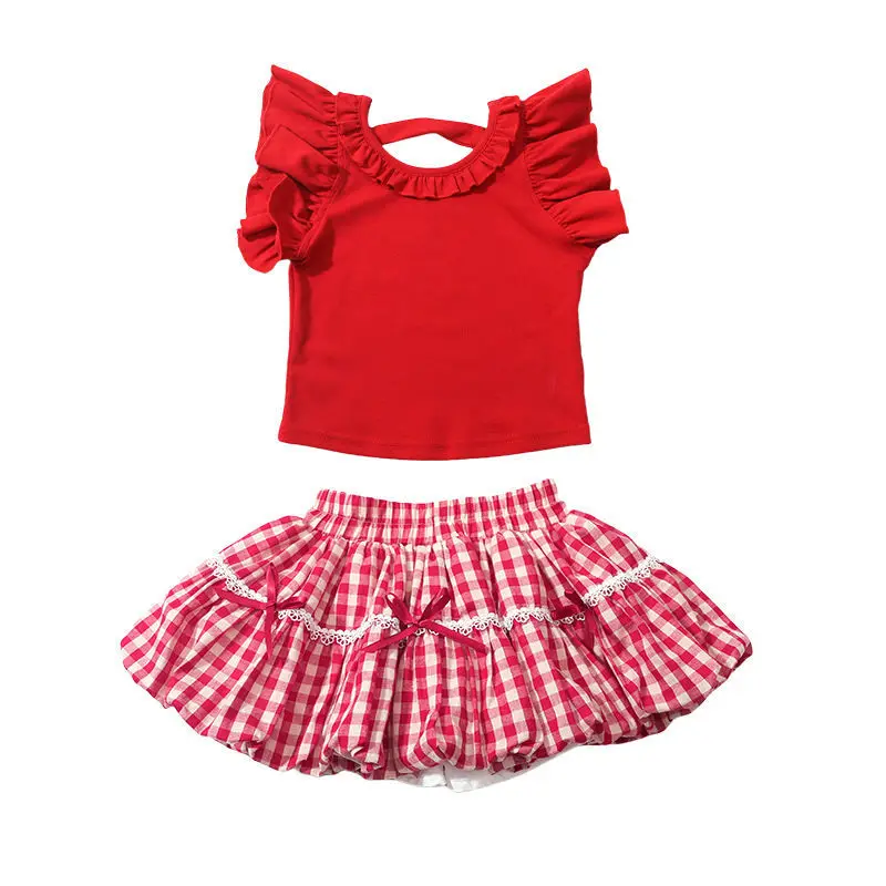 2026 summer Girls set Clothes red sleeveless t-shirt + Pleated plaid tutu skirt 2 3 4 5 6 7 8 9 year fashion cotton