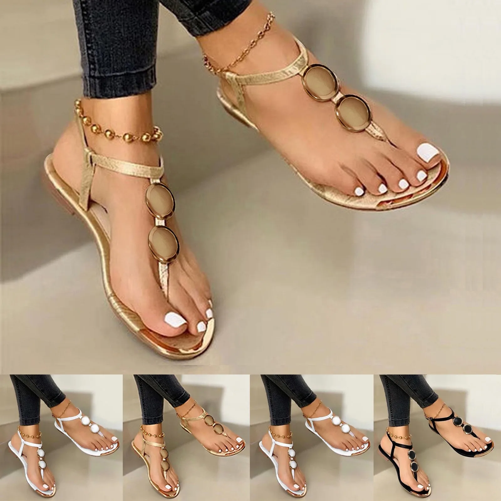 Gold Chain Sandals Buckle Flip Flops Flat With Casual Roman 2024 Summer Open Toe sandals Small Heel Daily Sandalies for Women