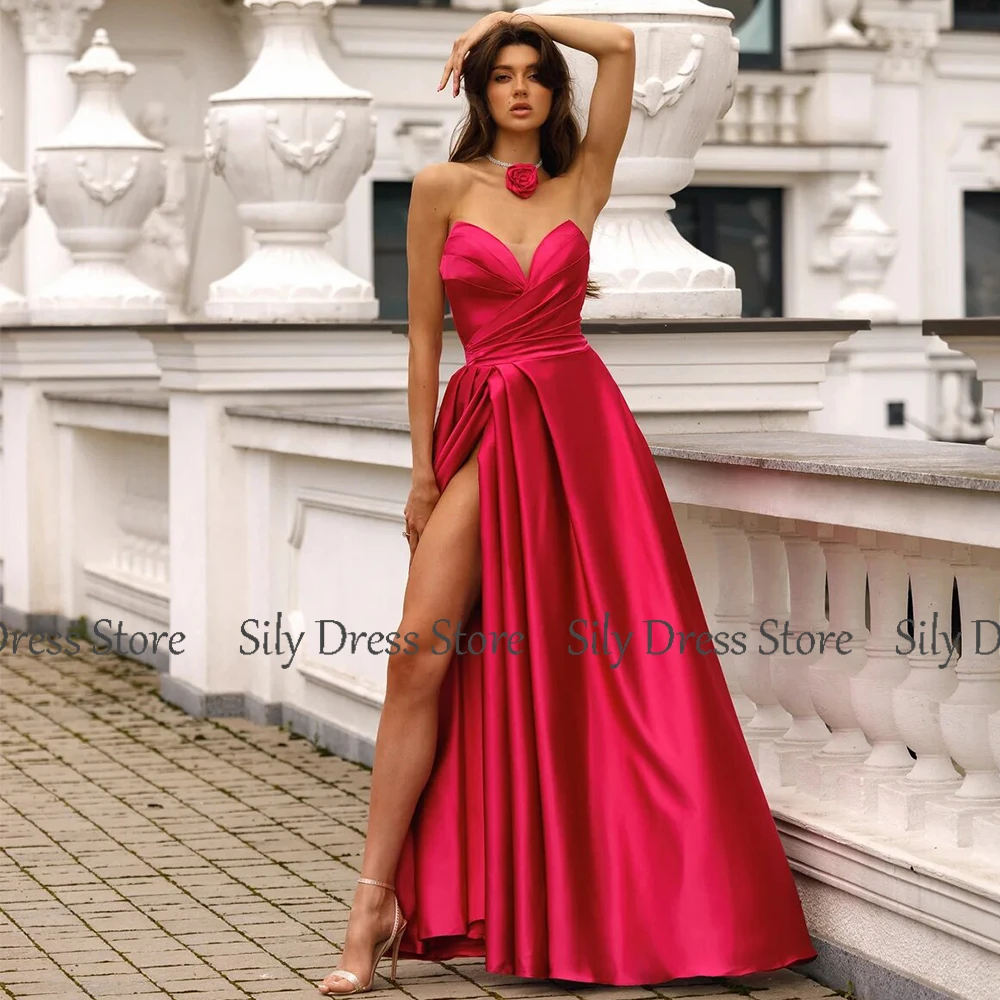 Fuchsia Evening Gowns For Women Satin A-line 2024 Elegant Party Gown Sweetheart Side Split Ruched Valentine's Day Dress Long