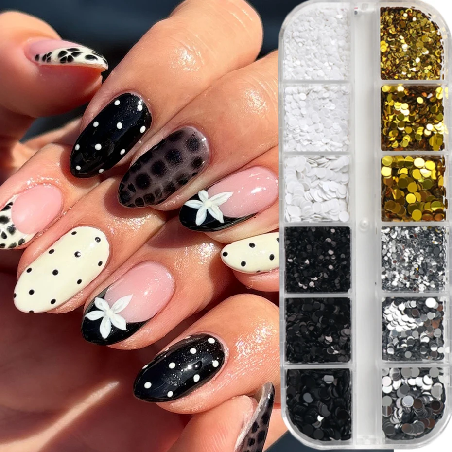 12Grids Mini Circular Nail Glitter Sequin Golden Silvery Black White Polka Dot Design With Mixed Size Nail Flakes for Nail Art