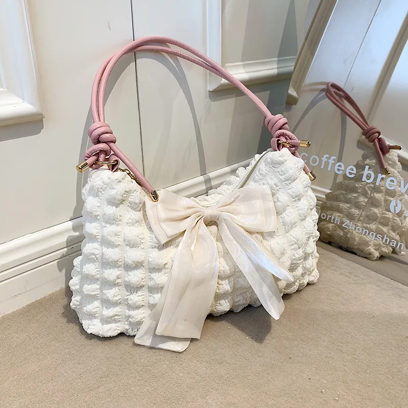 Bowknot Sweet Puff One Shoulder Bag For Women 2023 New Trendy Cute Simple Niche Underarm Messenger Handbag