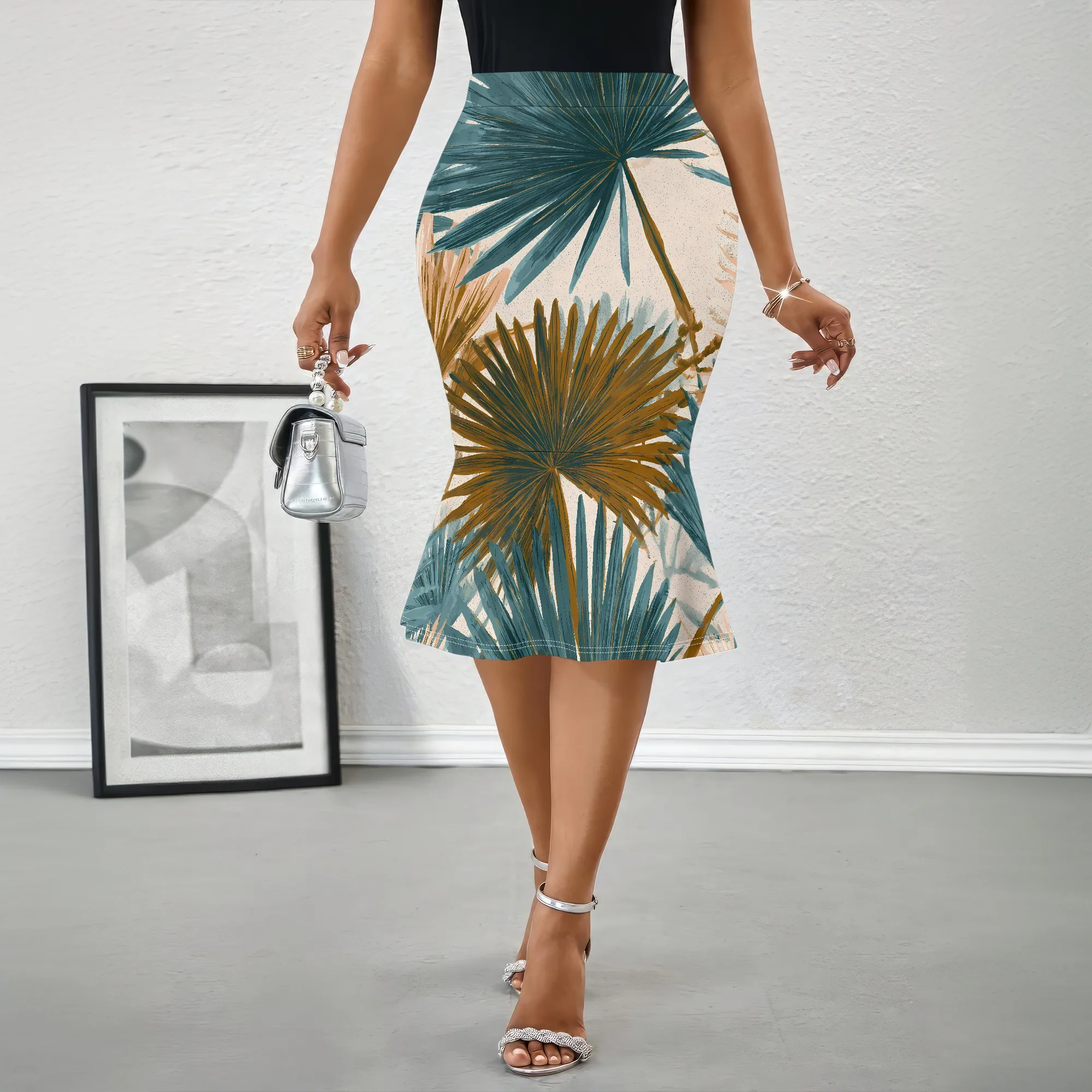 Palm Leaf Midi Skirt, Tropical Print Pencil Skirt, High Waist Mermaid Hem, Summer Beach Vacation Wear, S-2XL