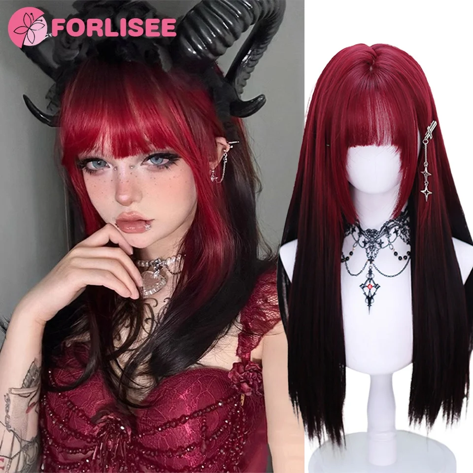 FORLISEE Synthetische lange gerade Lolita-Perücke mit Pony, rot, Ombre, schwarz, Cosplay, Party, Halloween, Weihnachten, gewellt, lockig, Harajuku-Perücke
