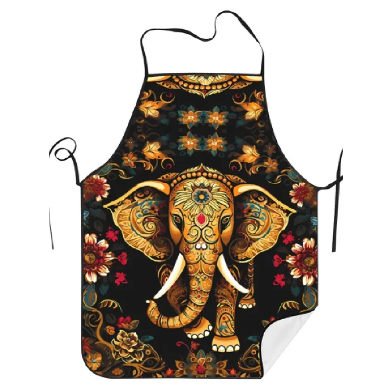 Printed Elephant Apron - Vintage Style, Adjustable Neck Strap, Dark Background With Vibrant Thai Elephant & Floral Print Pattern