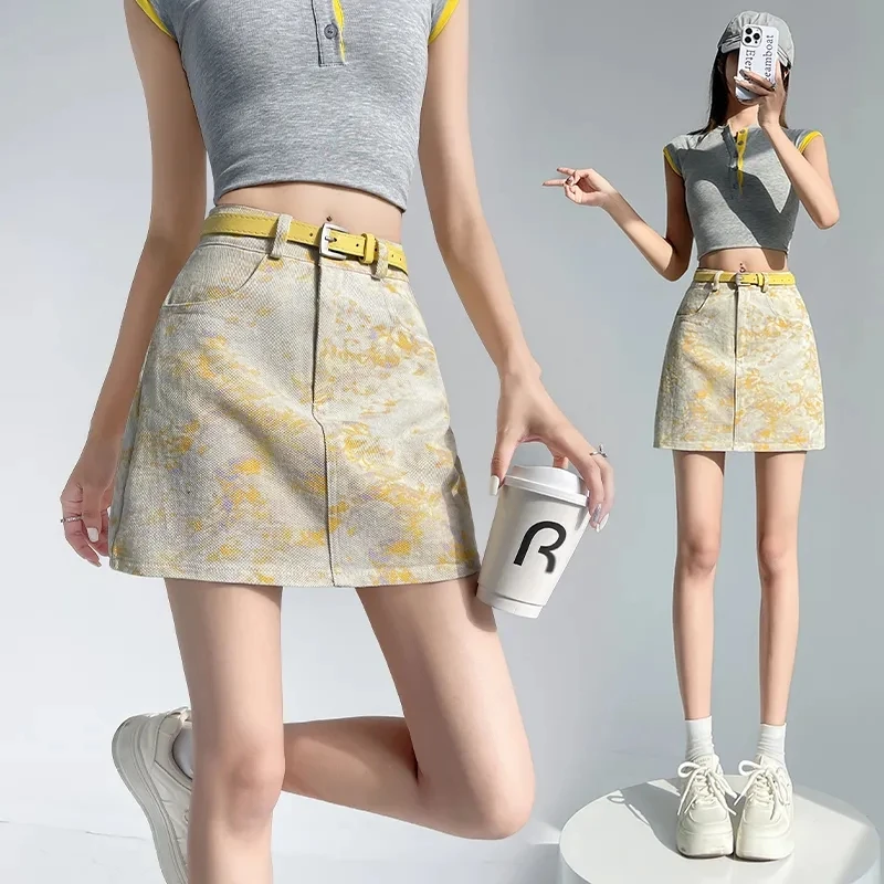 

Y2K High-Waist Tie-Dye Print Denim Shorts Women's Summer Anti-Light A-Line Mini Skirt Trendy Women's Clothing Short Skirts