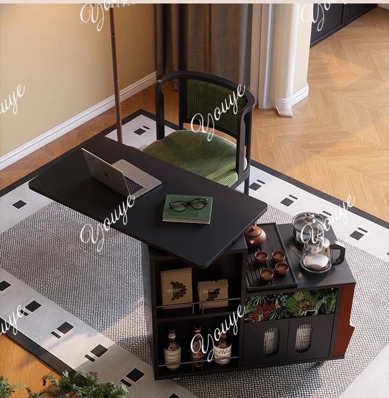 C Solid Wood Tea Cabinet French Retro Living Room Trolley Movable Sofa Side Cabinet Chinese Antique Coffee Table