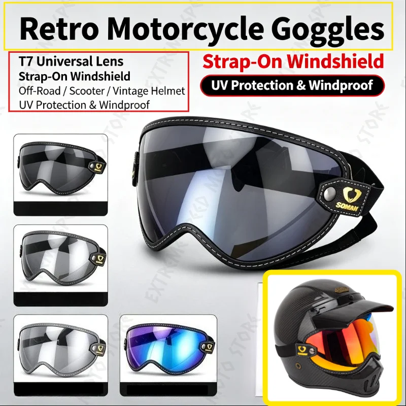 バイクゴーグル、t7ユニバーサルストラップオン防風レンズ、レトロモトクロスヘルメット交換用バイザー、バイクヘルメット用メガネ