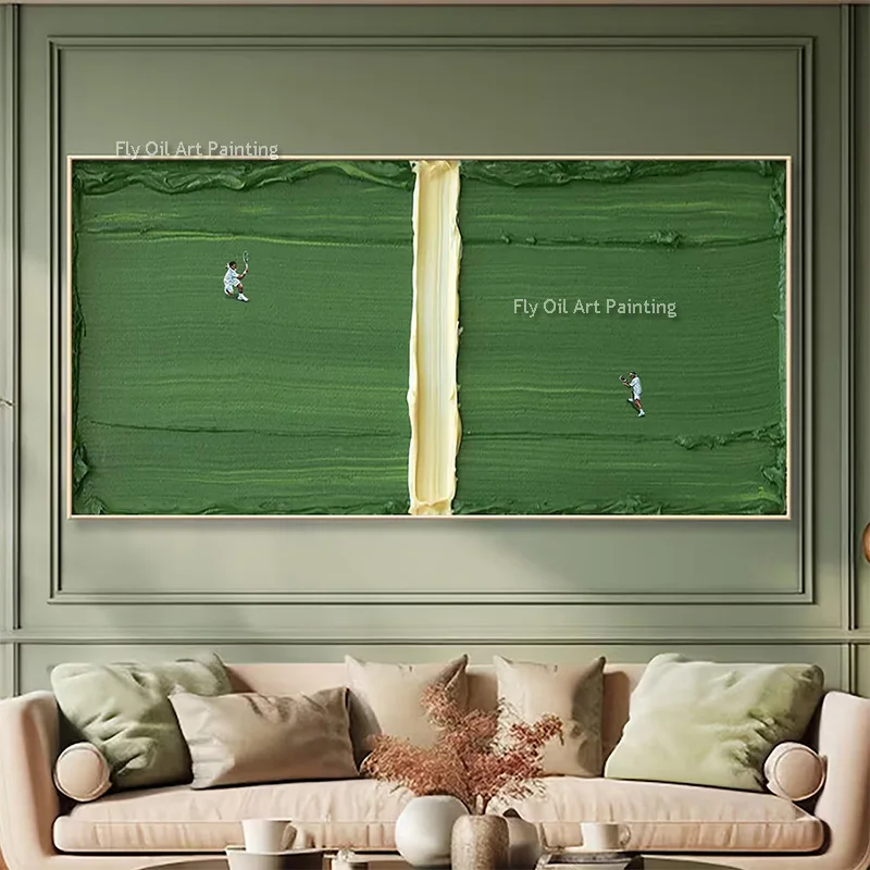 Handmade Light Green Yellow Golf Course People Playing Golf Oil Painting New Fashion Deep Green Tennis Court Home Artwork