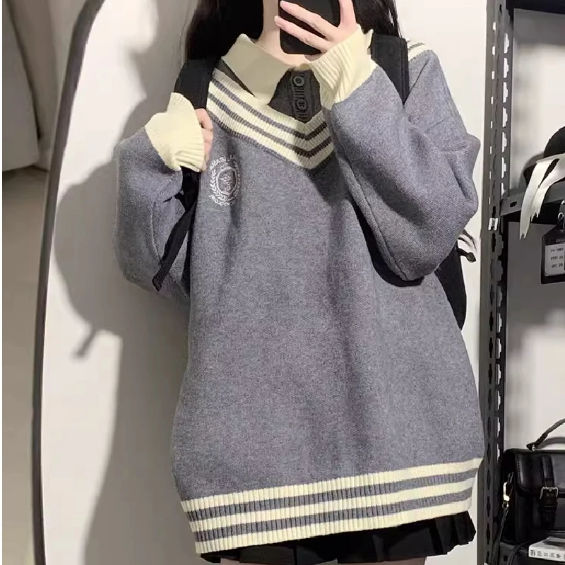 السيدات الخريف الشتاء كسول Sle محبوك سترة مطرزة الملابس الداخلية تنوعا وهمية قطعتين الحلو فضفاضة تناسب طويلة Sve Po... #4