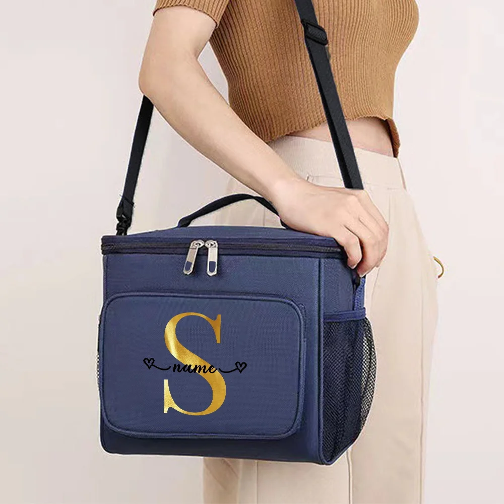 Customizable Name Blue Lunch Bag Insulated Handbag Multi functional Picnic Lunch Box Waterproof Lunch Box Gold Letter Series